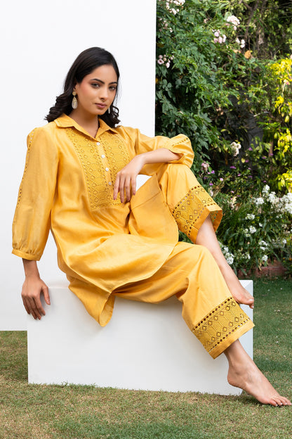 Yellow Collared Chanderi Shirt Co-Ord Set