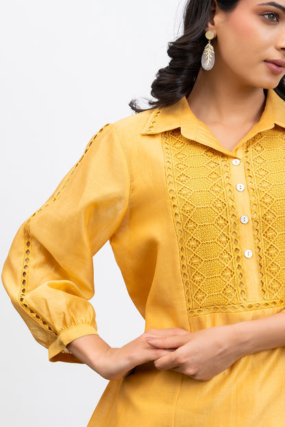 Yellow Collared Chanderi Shirt Co-Ord Set