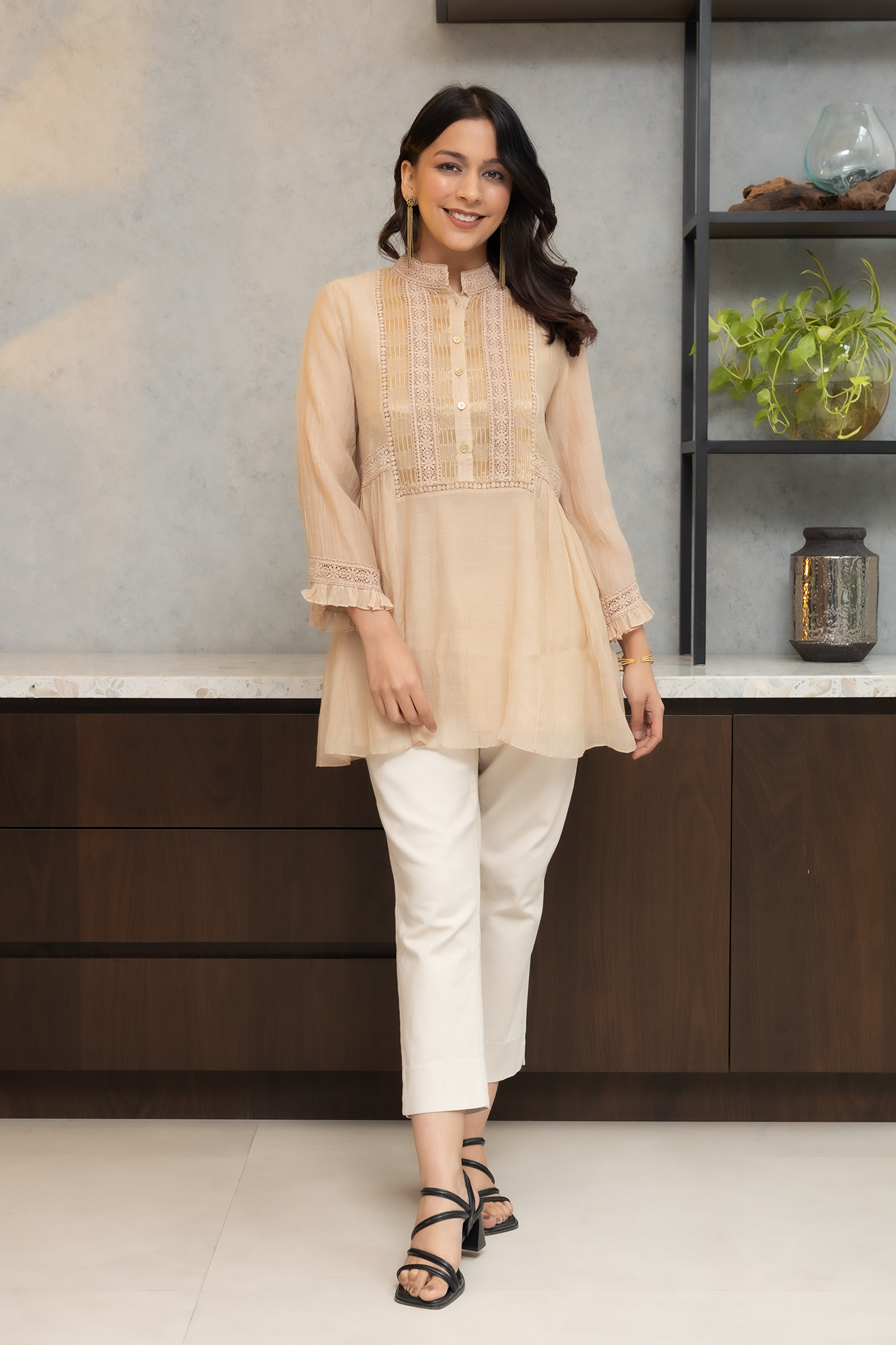 Beige Chanderi shirt, with gold striped tissue side yokes.