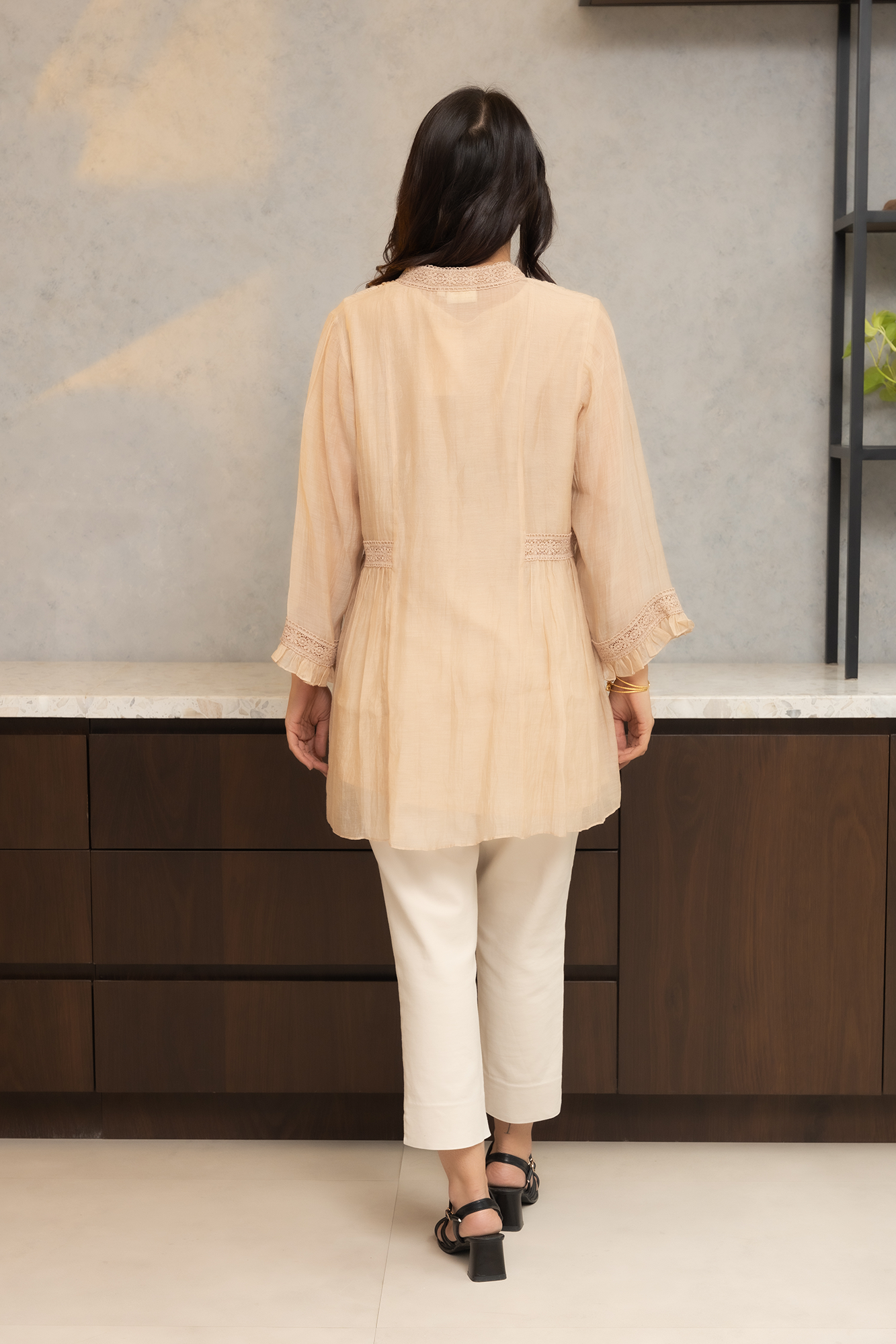 Beige Chanderi shirt, with gold striped tissue side yokes.