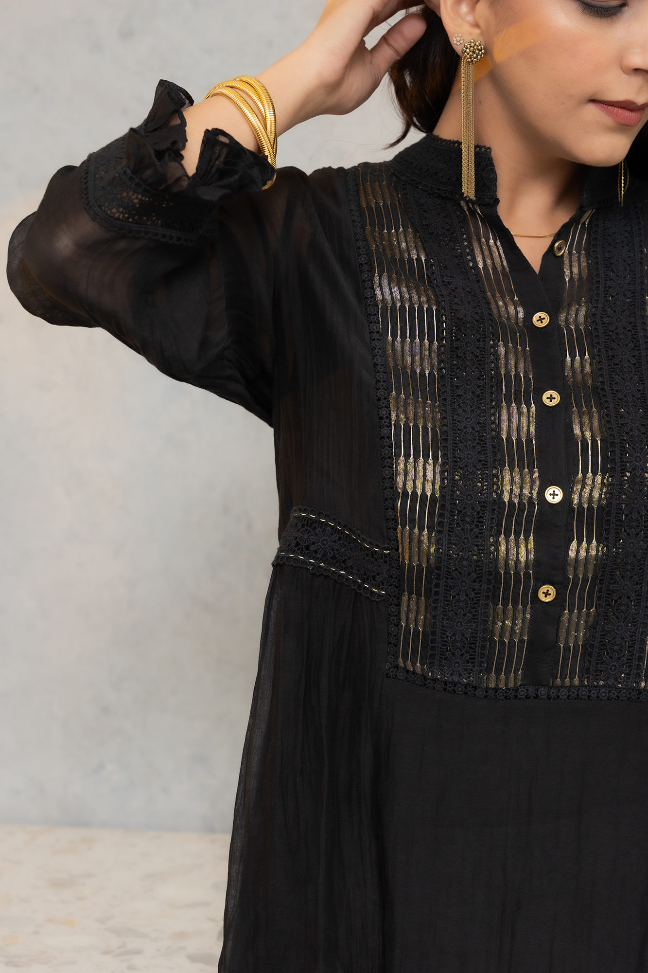 Black Chanderi shirt, with gold striped tissue side yokes.