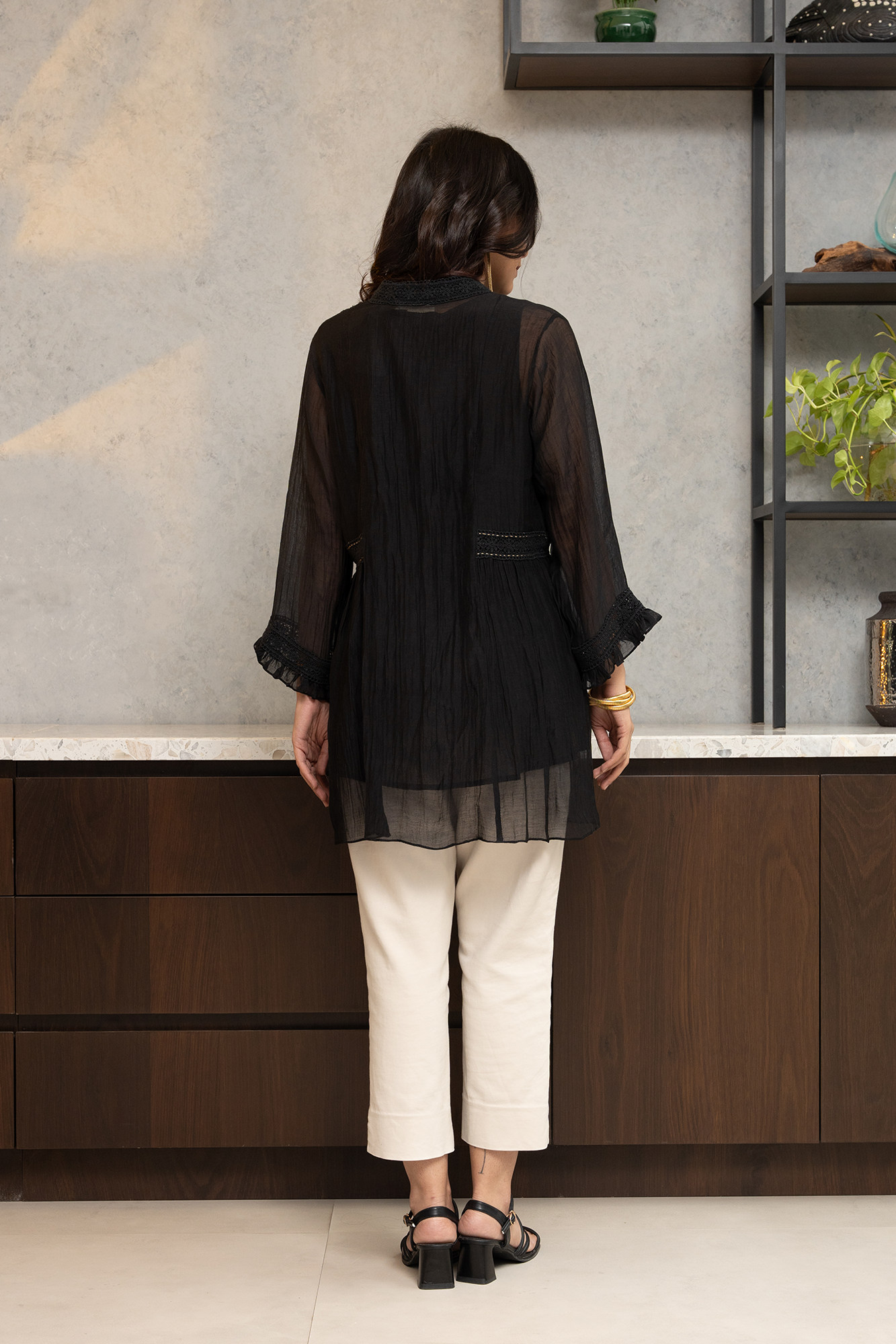 Black Chanderi shirt, with gold striped tissue side yokes.