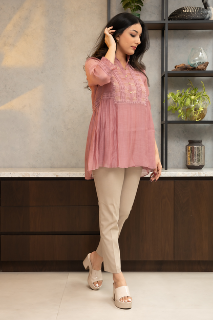 Dusky Pink Chanderi shirt, with gold striped tissue side yokes.