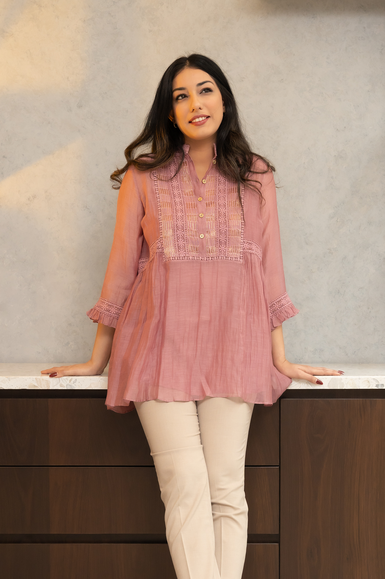 Dusky Pink Chanderi shirt, with gold striped tissue side yokes.