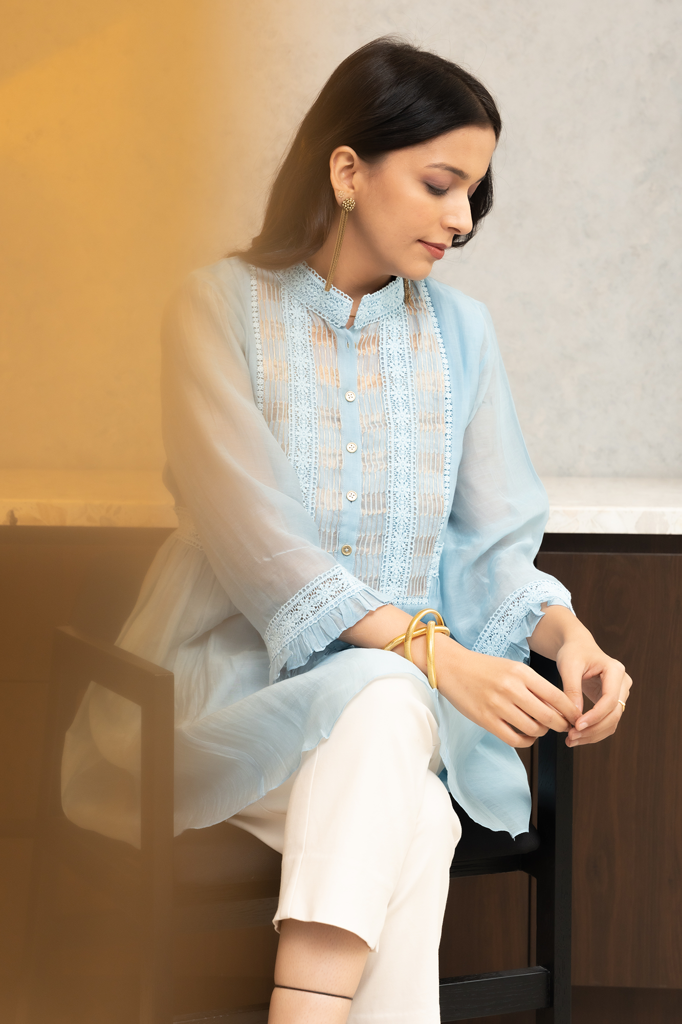 Powder Blue Chanderi shirt, with gold striped tissue side yokes.