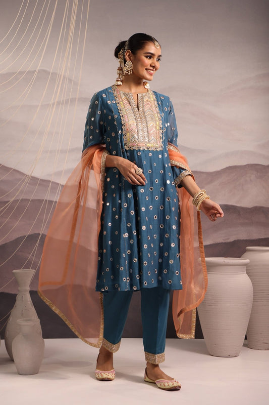 Cerulean Blue Mirror Embroidered Kurta Set With Peach Dupatta