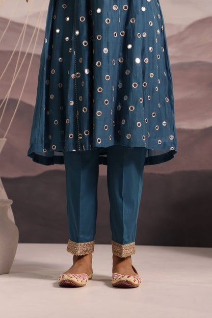 Cerulean Blue Mirror Embroidered Kurta Set With Peach Dupatta