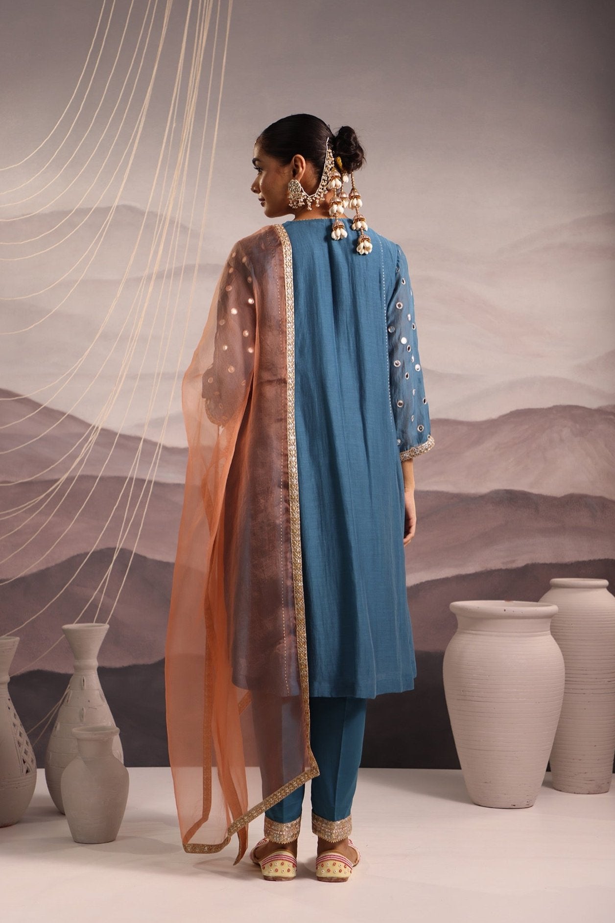 Cerulean Blue Mirror Embroidered Kurta Set With Peach Dupatta