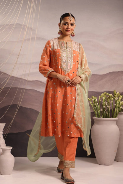 Peach Mirror Embroidered Kurta Set With Sea-Green Accent