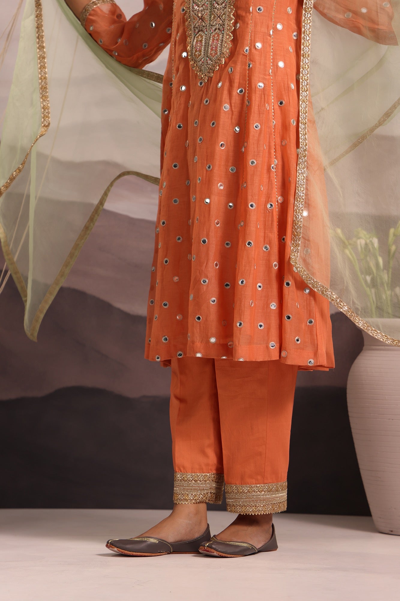 Peach Mirror Embroidered Kurta Set With Sea-Green Accent