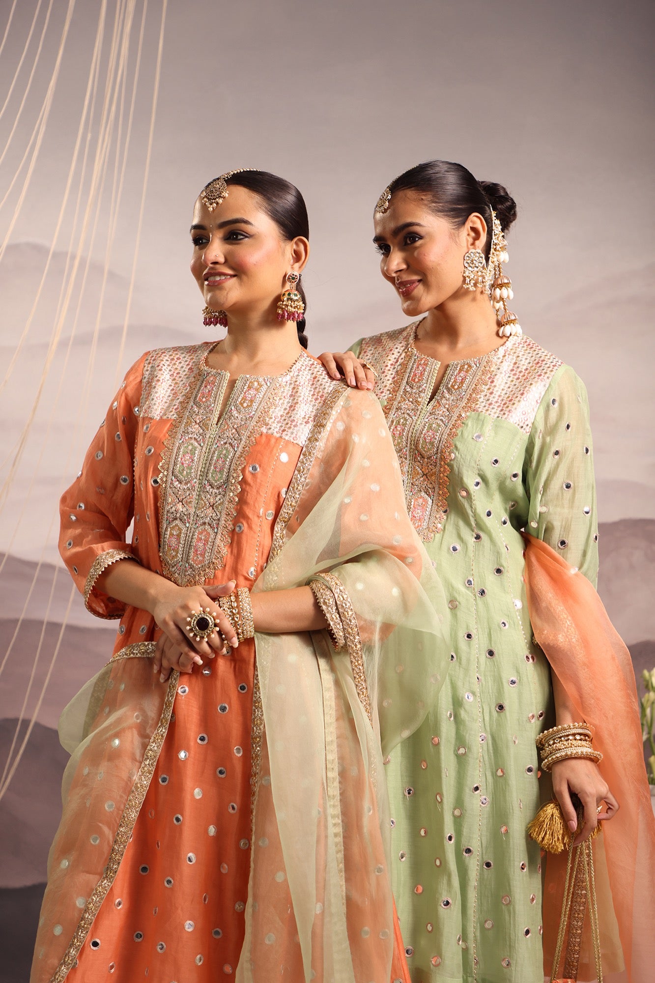 Peach Mirror Embroidered Kurta Set With Sea-Green Accent