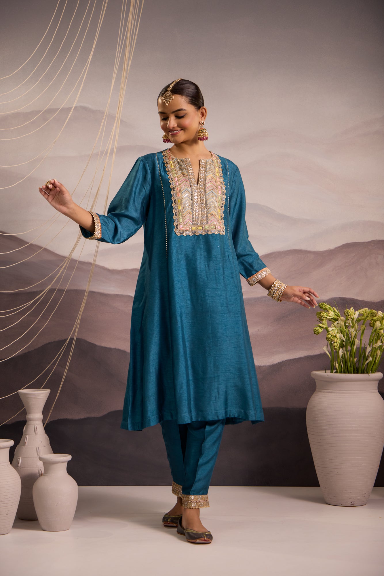 Cerulean Blue Silk Kurta Set With Peach Dupatta