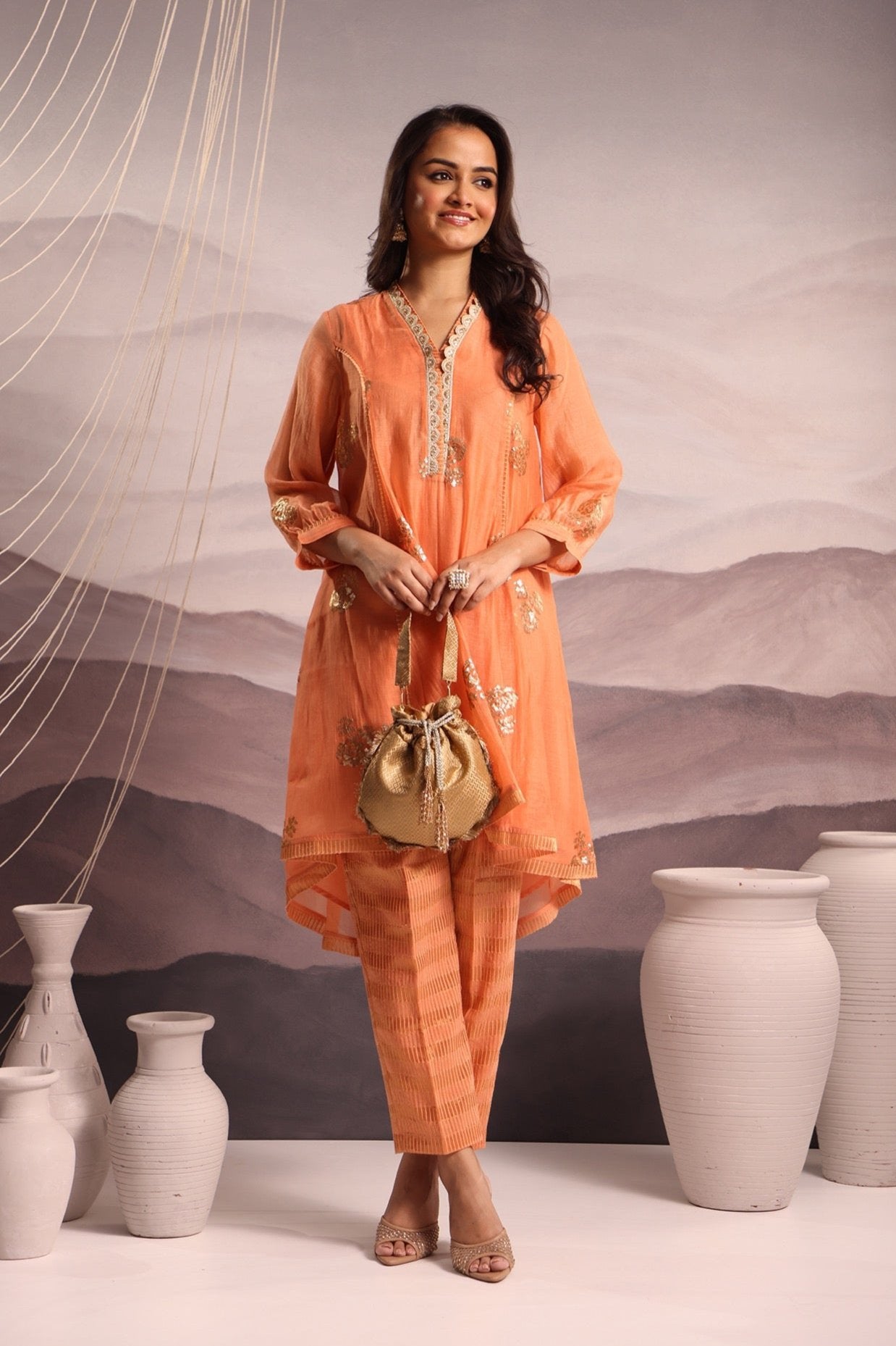 Peach Mul Chanderi High-Low Kurta with Sequin Floral Embroidery and Tissue Pants