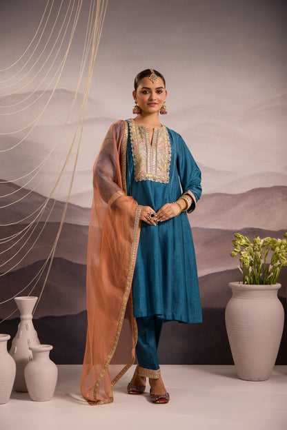 Cerulean Blue Silk Kurta Set With Peach Dupatta