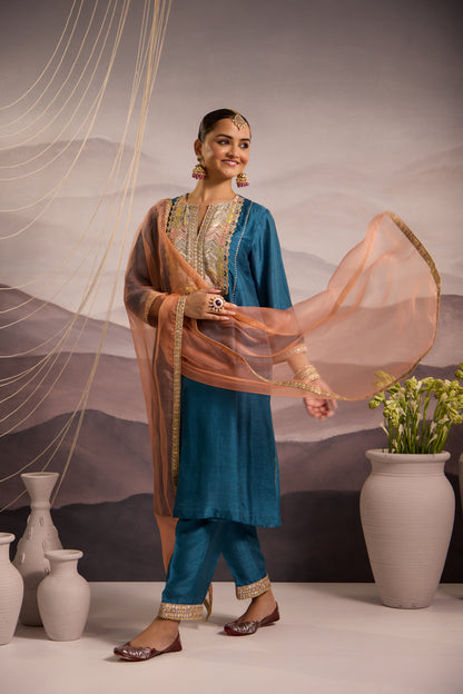 Cerulean Blue Silk Kurta Set With Peach Dupatta