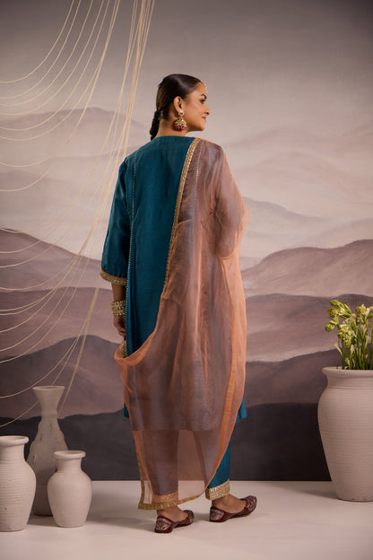 Cerulean Blue Silk Kurta Set With Peach Dupatta