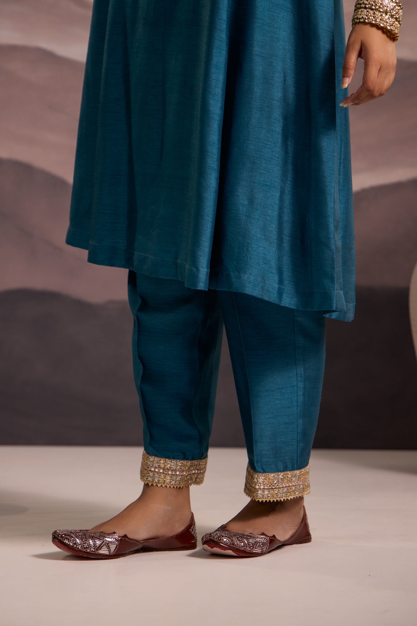 Cerulean Blue Silk Kurta Set With Peach Dupatta