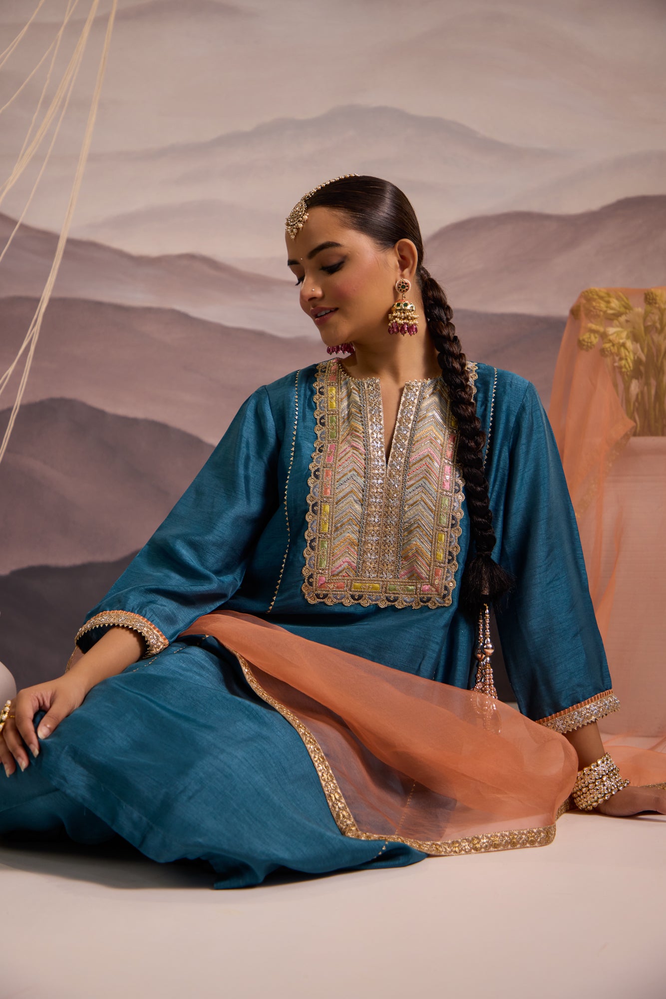 Cerulean Blue Silk Kurta Set With Peach Dupatta