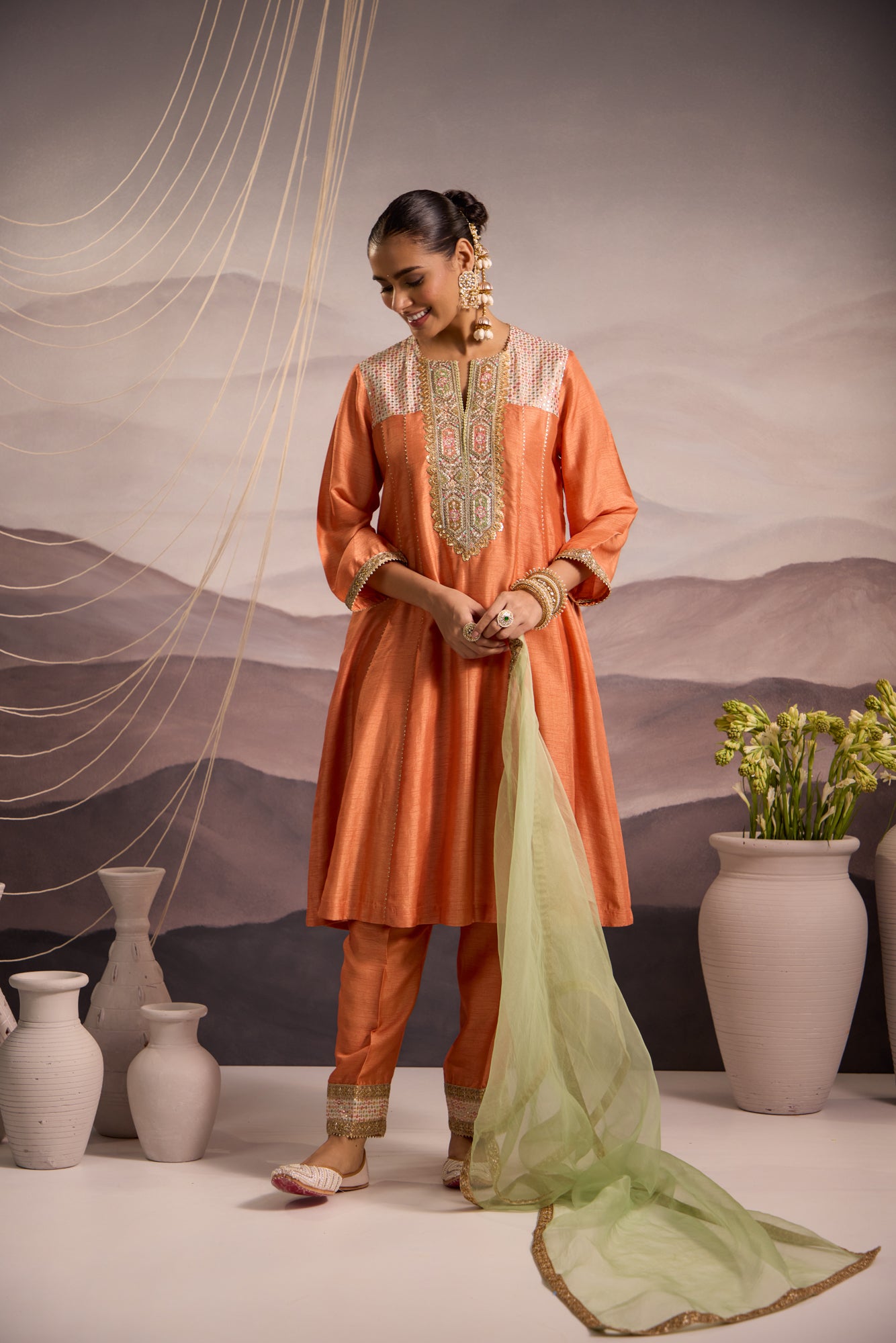 Peach Silk Kurta Set With Sea-Green Dupatta