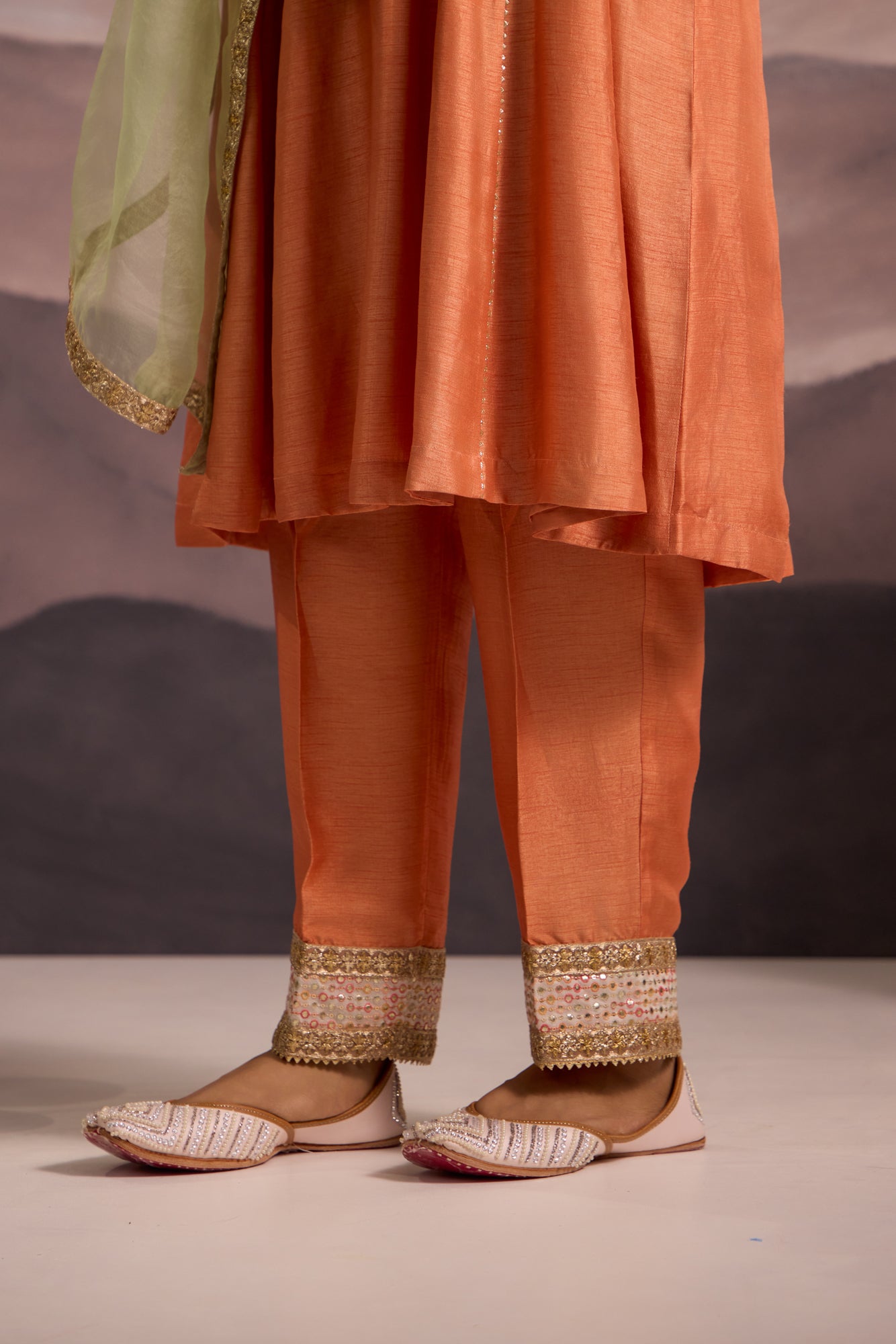 Peach Silk Kurta Set With Sea-Green Dupatta