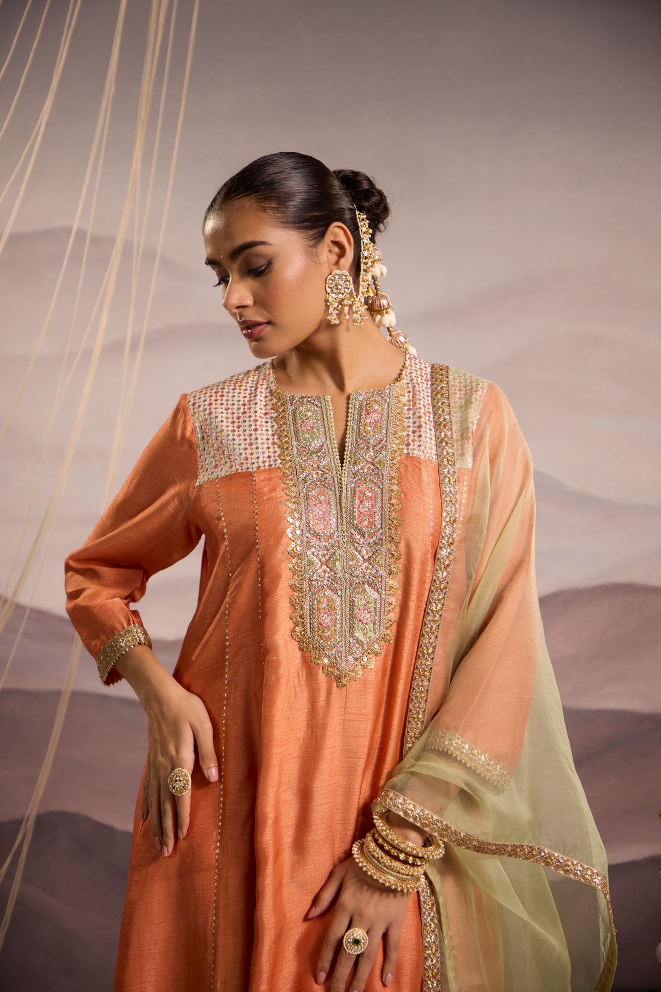 Peach Silk Kurta Set With Sea-Green Dupatta