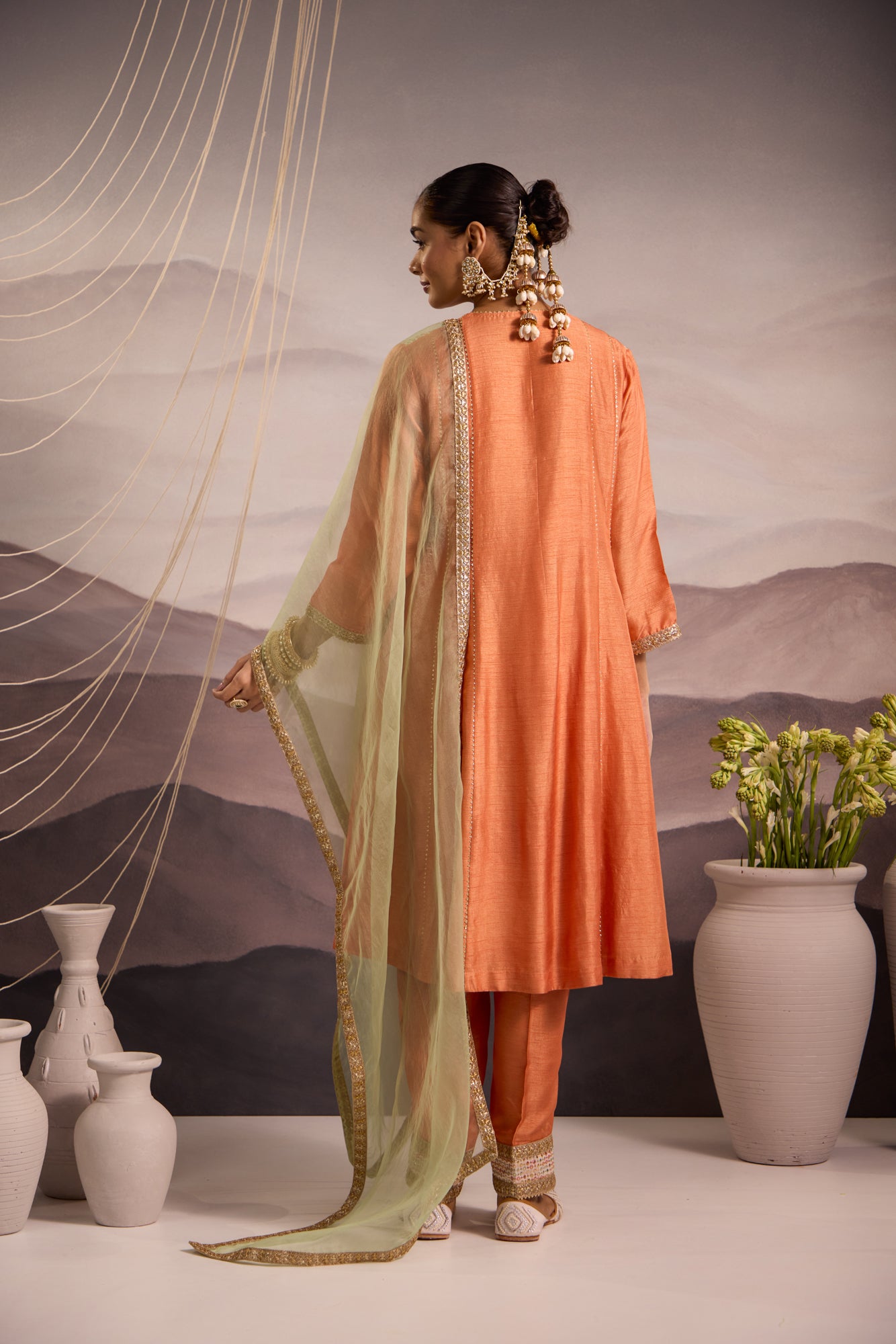 Peach Silk Kurta Set With Sea-Green Dupatta