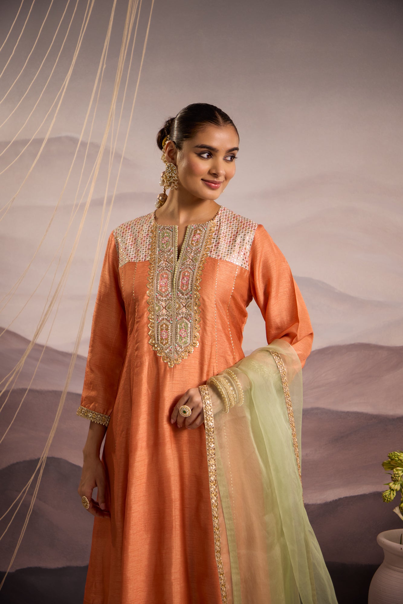 Peach Silk Kurta Set With Sea-Green Dupatta