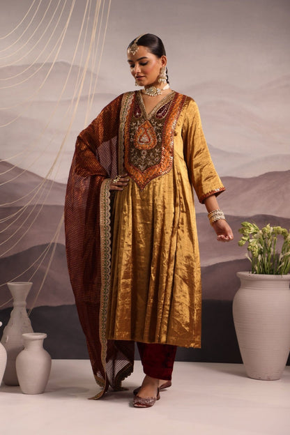 Gold Tissue Kalidar with Antique Look Yoke & Maroon Velvet Salwar