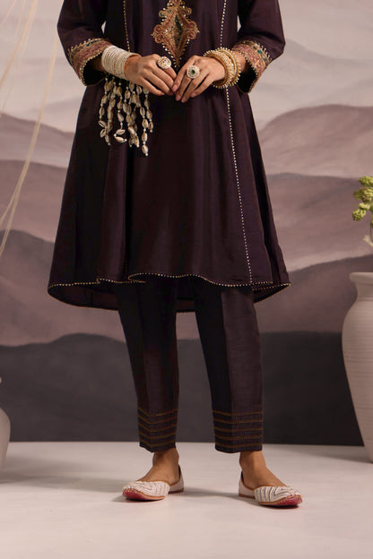 Wine Silk Choga Kurta Set with Hand-Embroidered Yoke & Lilac Dupatta