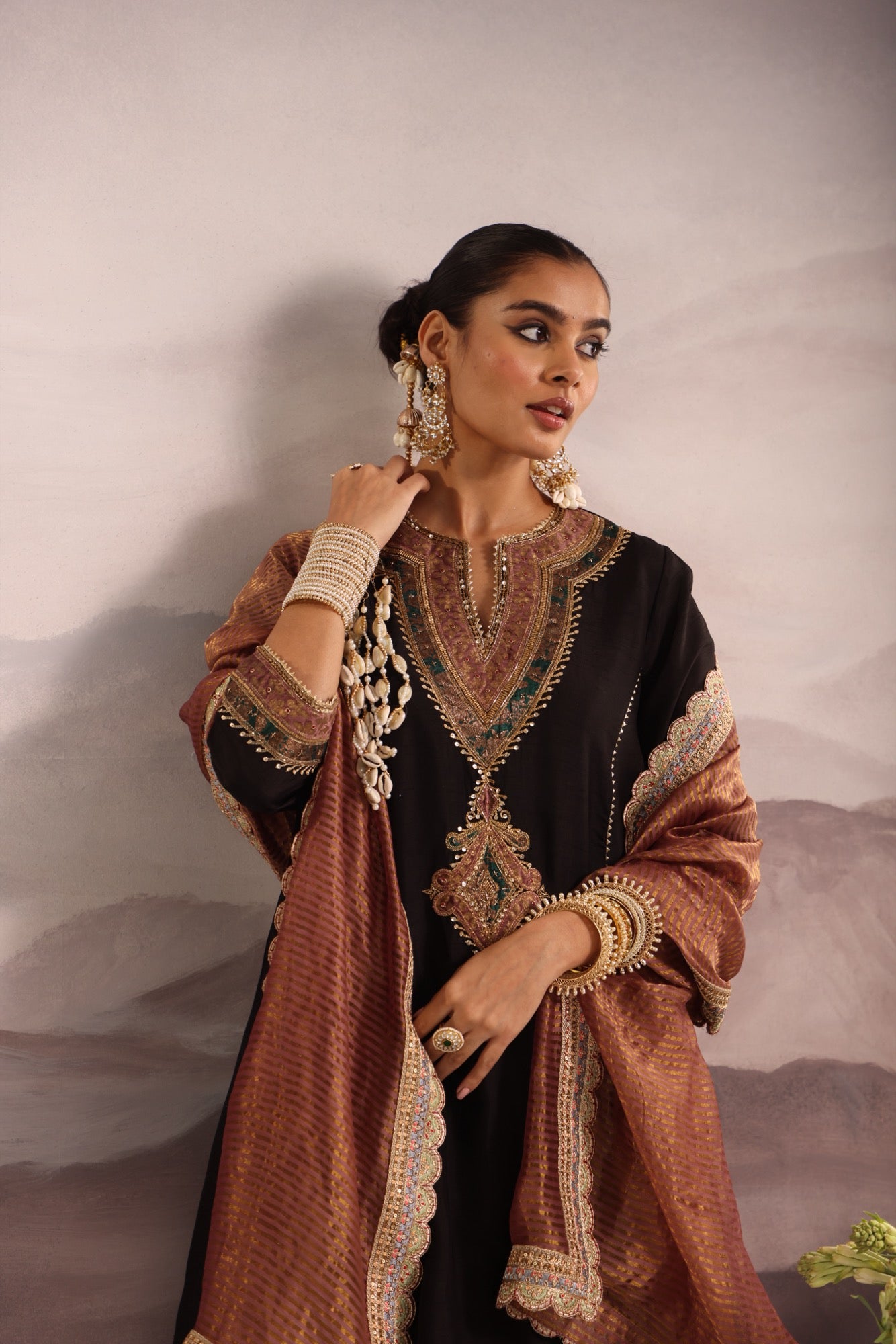 Black Silk Choga Kurta Set with Hand-Embroidered Yoke & Lilac Dupatta