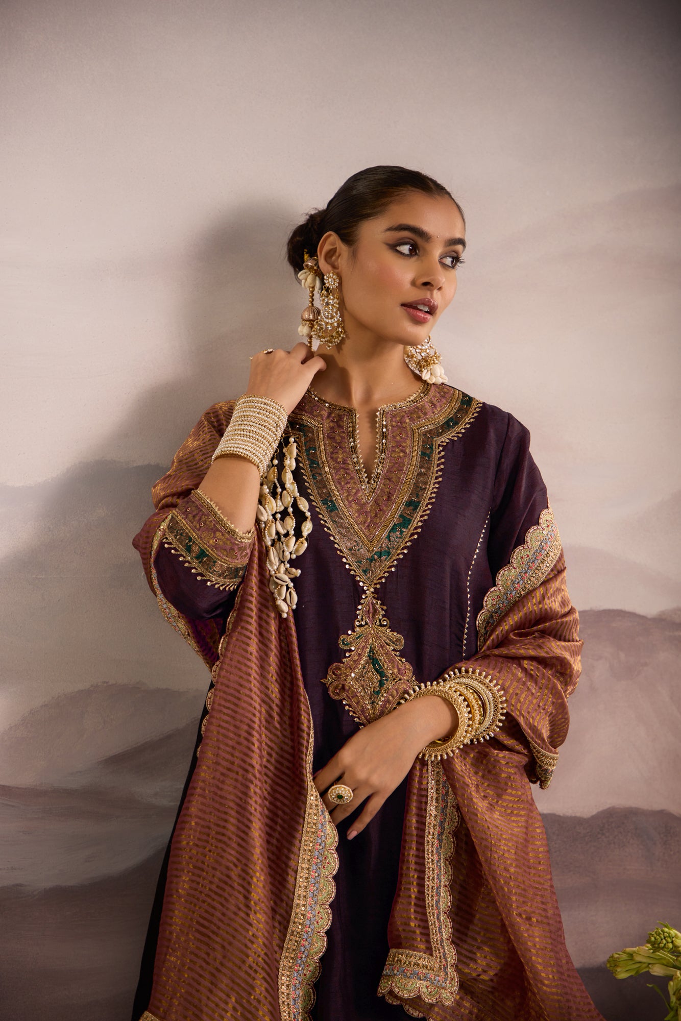 Wine Silk Choga Kurta Set with Hand-Embroidered Yoke & Lilac Dupatta