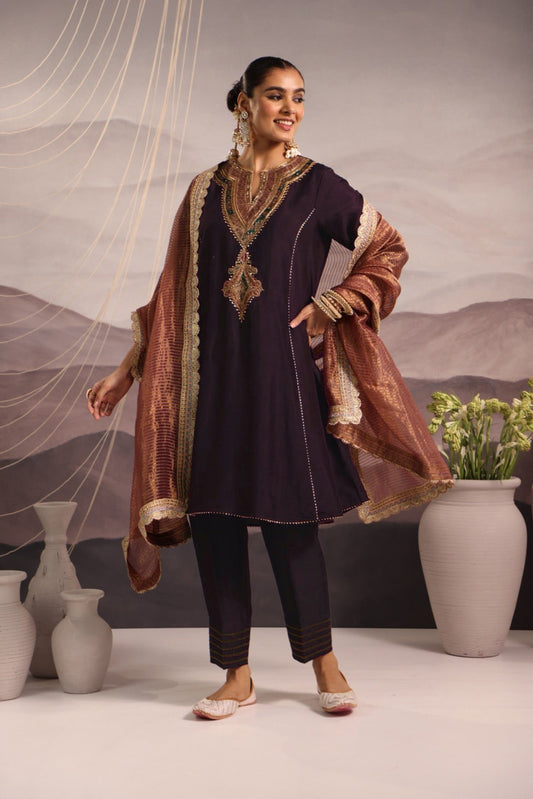 Wine Silk Choga Kurta Set with Hand-Embroidered Yoke & Lilac Dupatta