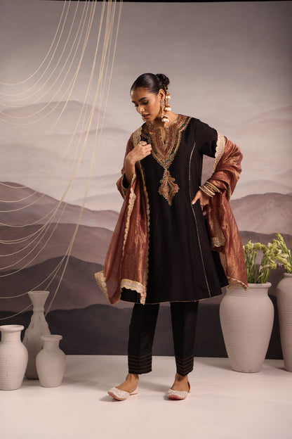 Black Silk Choga Kurta Set with Hand-Embroidered Yoke & Lilac Dupatta