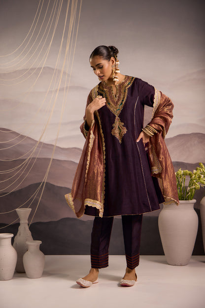 Wine Silk Choga Kurta Set with Hand-Embroidered Yoke & Lilac Dupatta