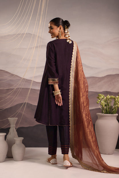 Wine Silk Choga Kurta Set with Hand-Embroidered Yoke & Lilac Dupatta