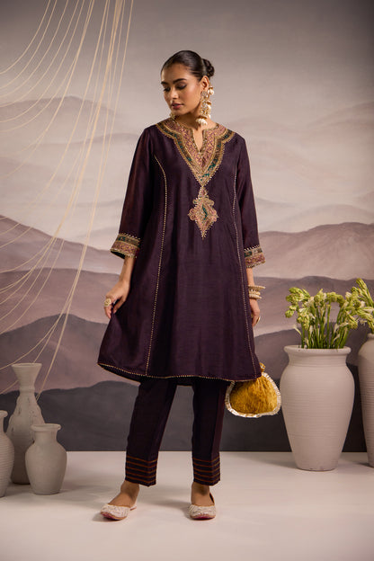 Wine Silk Choga Kurta Set with Hand-Embroidered Yoke & Lilac Dupatta