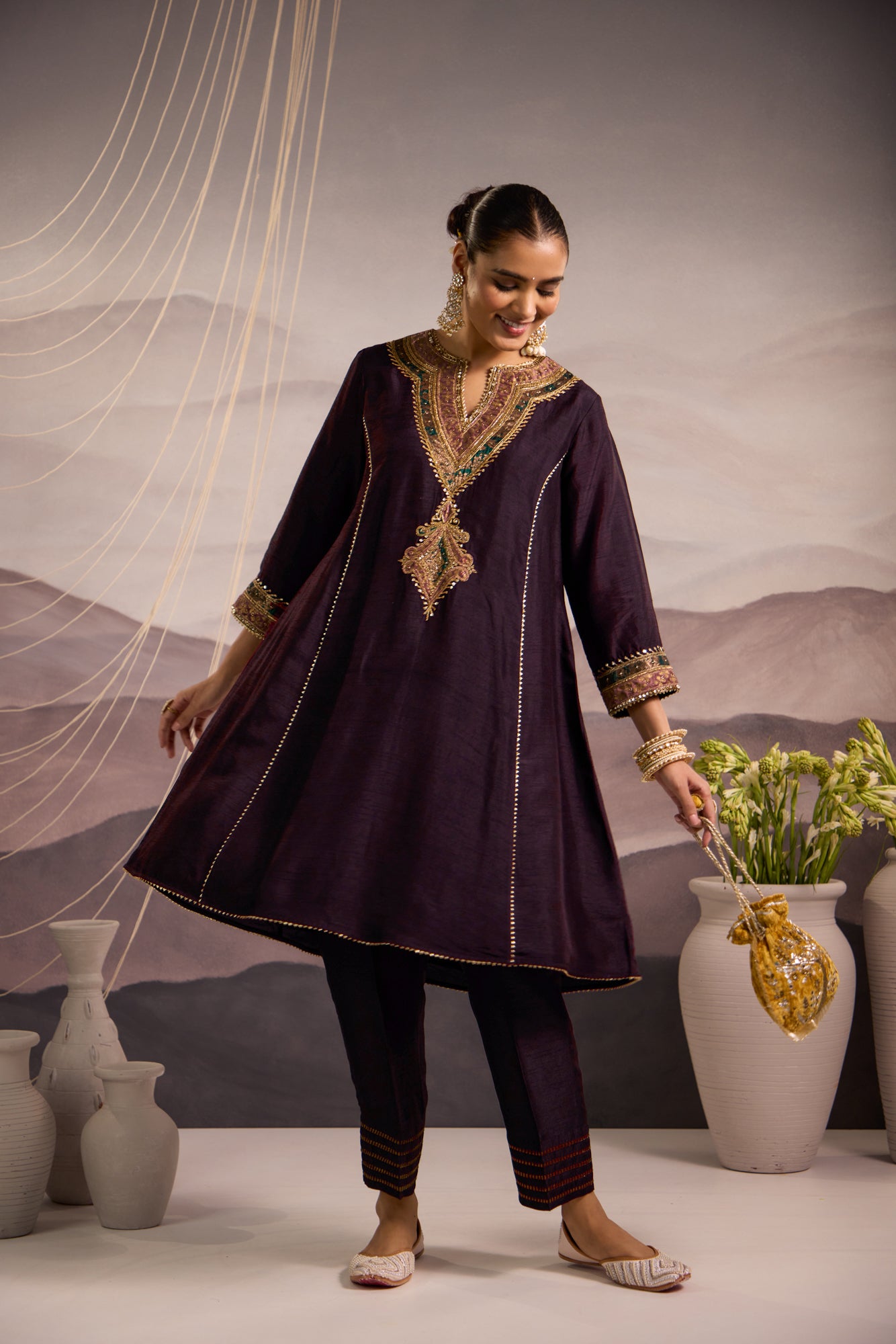 Wine Silk Choga Kurta Set with Hand-Embroidered Yoke & Lilac Dupatta