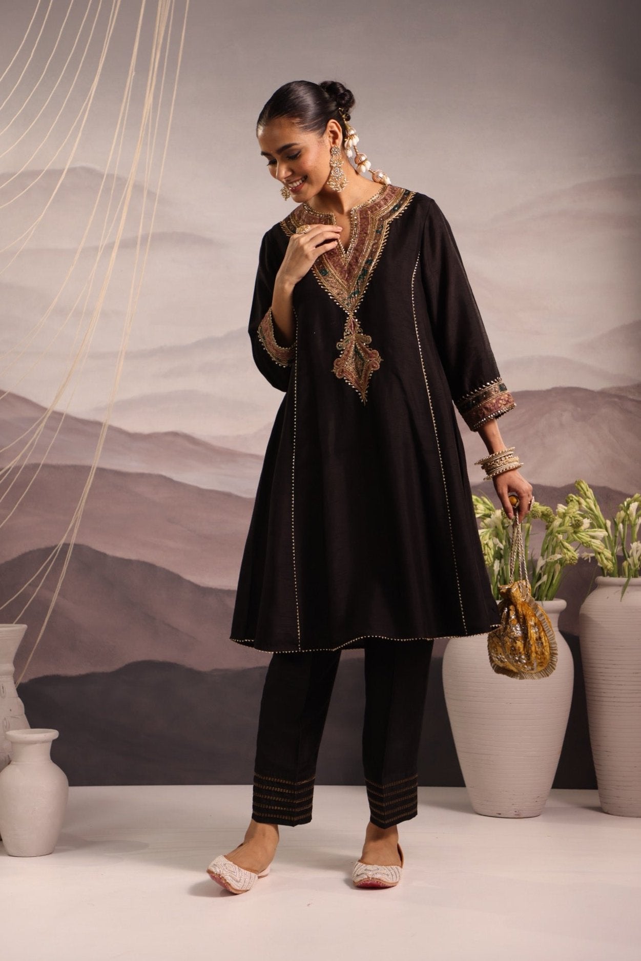 Black Silk Choga Kurta Set with Hand-Embroidered Yoke & Lilac Dupatta