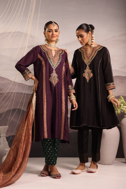 Black Silk Choga Kurta Set with Hand-Embroidered Yoke & Lilac Dupatta