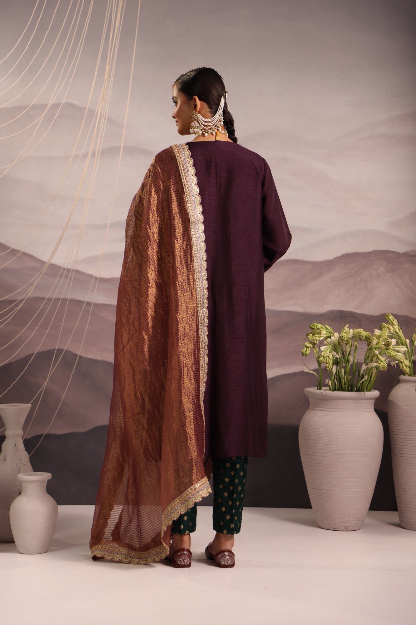 Wine Silk Kalidaar Kurta Set with Hand-Embroidered Yoke & Lilac Dupatta