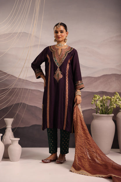 Wine Silk Kalidaar Kurta Set with Hand-Embroidered Yoke & Lilac Dupatta