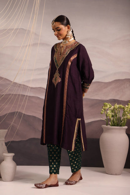 Wine Silk Kalidaar Kurta Set with Hand-Embroidered Yoke & Lilac Dupatta