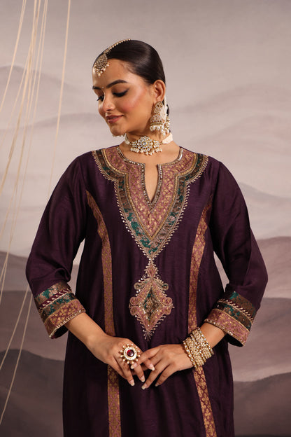 Wine Silk Kalidaar Kurta Set with Hand-Embroidered Yoke & Lilac Dupatta