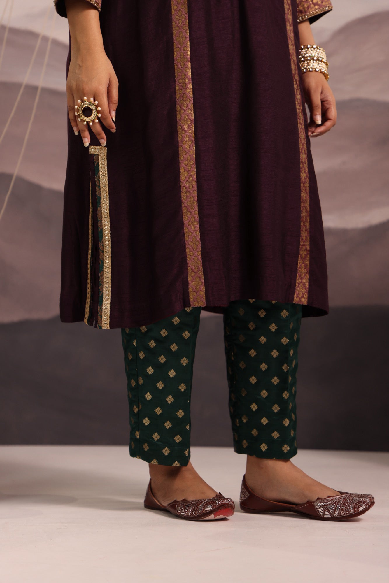 Wine Silk Kalidaar Kurta Set with Hand-Embroidered Yoke & Lilac Dupatta