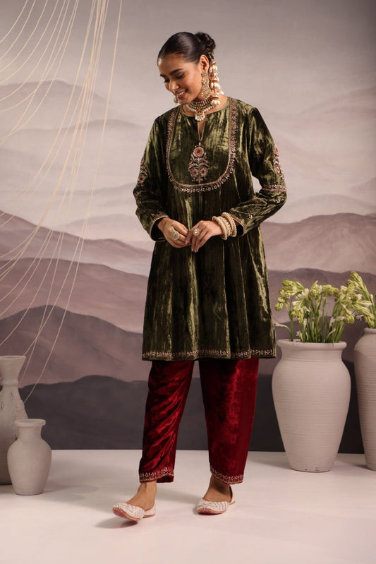 Plush Green Velvet Kalidar Kurta with Mughal Yoke & Maroon Velvet Salwar