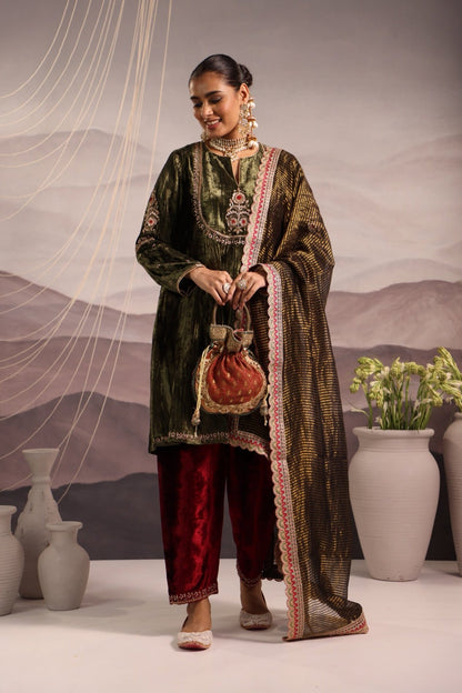 Plush Green Velvet Kalidar Kurta with Mughal Yoke & Maroon Velvet Salwar