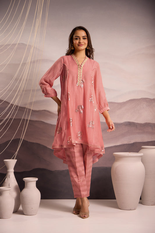 Pink Mul Chanderi High-Low Kurta with Sequin Floral Embroidery and Tissue Pants