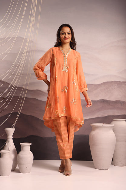 Peach Mul Chanderi High-Low Kurta with Sequin Floral Embroidery and Tissue Pants