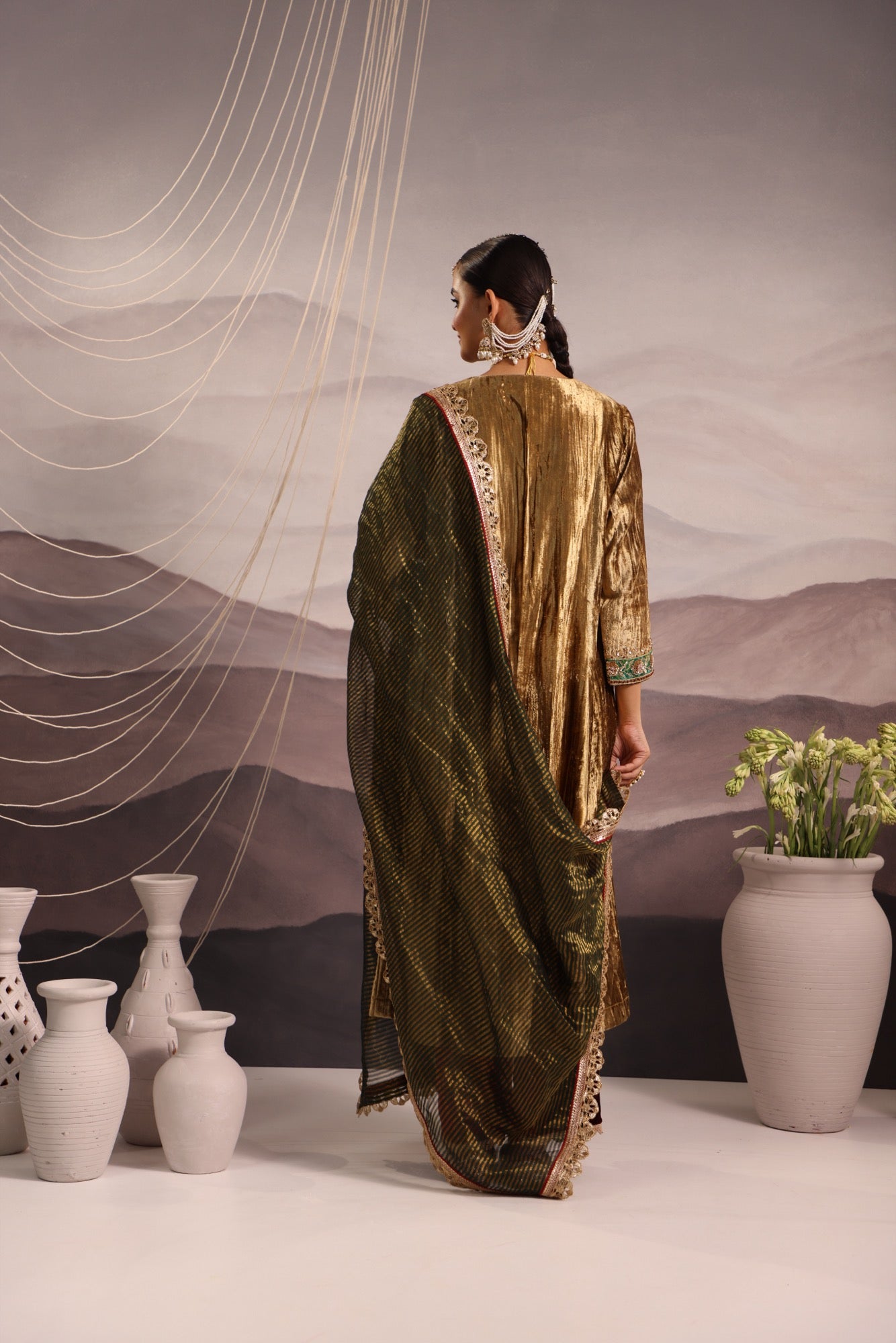 Gold Velvet Kurta with Green & Maroon Detailing and Maroon Velvet Pants