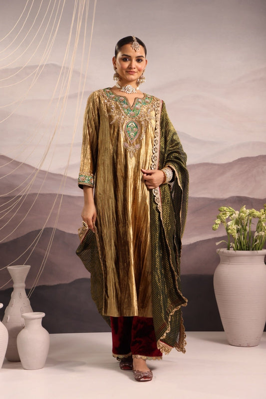 Gold Velvet Kurta with Green & Maroon Detailing and Maroon Velvet Pants